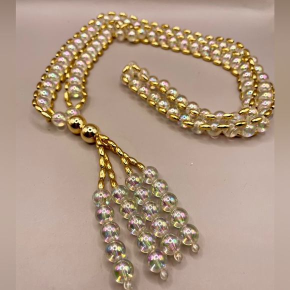 Crystal AB beads and gold lucite beads tassel necklace - Picture 4 of 4